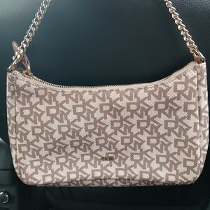 DKNY Bryant Monogram Mini Shoulder Bag Tan Beige Canvas Gold Chain Strap NWOT